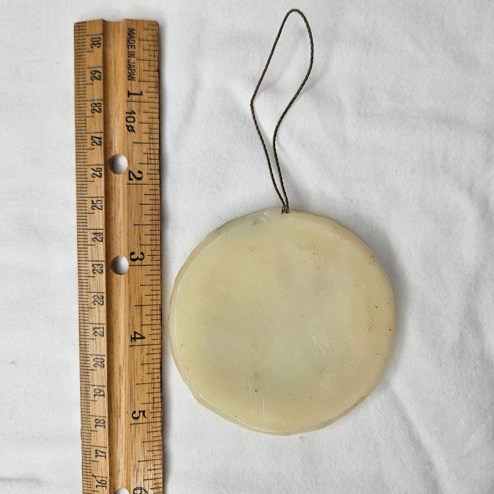 Vtg WAX Round Bunny Rabbit Ornament Scalloped‎ Edge Cream Brown Easter Christmas